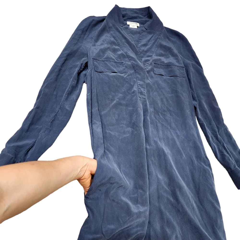 Lacoste Navy Blue 100% Silk Utility Shirt Pockets Dress Size 34